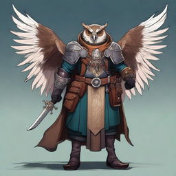 A detailed illustration of an Owlin rogue artificer with wings and sharp talons