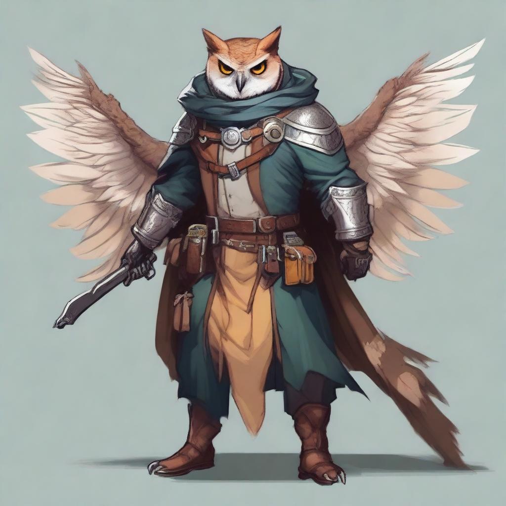 A detailed illustration of an Owlin rogue artificer with wings and sharp talons