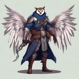 A detailed illustration of an Owlin rogue artificer with wings and sharp talons