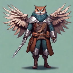 A detailed illustration of an Owlin rogue artificer with wings and sharp talons