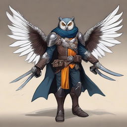 A detailed illustration of an Owlin rogue artificer with wings and sharp talons