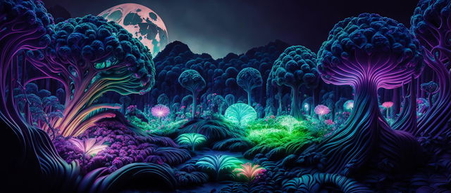 Create a hyper-realistic 3D cinema photograph of a beautiful alien forest with a flower aesthetic, vibrant colors, fantasy vibes, and perfect composition, featuring inane details and high definition