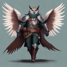 A detailed illustration of an Owlin rogue artificer with wings and sharp talons