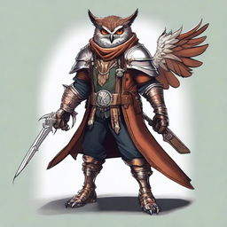 A detailed illustration of an Owlin rogue artificer with wings and sharp talons