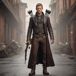 Hawkeye reinterpreted in a steampunk theme, donning Victorian-era clothing with leather accessories, while wielding a mechanical, intricate brass and copper bow with gear-infused arrows.