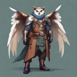 A detailed illustration of an Owlin rogue artificer with wings and sharp talons