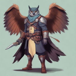 A detailed illustration of an Owlin rogue artificer with wings and sharp talons