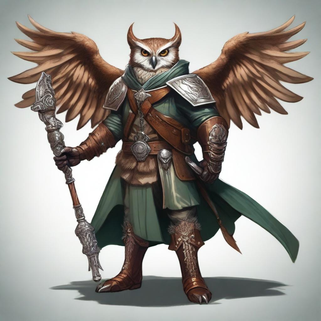 A detailed illustration of an Owlin rogue artificer with wings and sharp talons