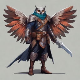 A detailed illustration of an Owlin rogue artificer with wings and sharp talons