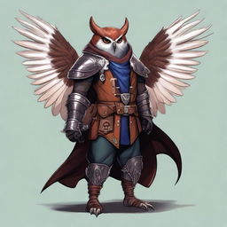 A detailed illustration of an Owlin rogue artificer with wings and sharp talons