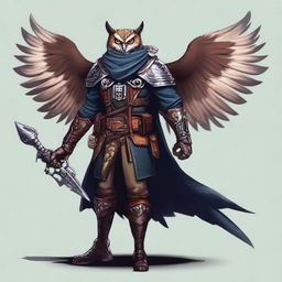 A detailed illustration of an Owlin rogue artificer with wings and sharp talons