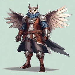 A detailed illustration of an Owlin rogue artificer with wings and sharp talons