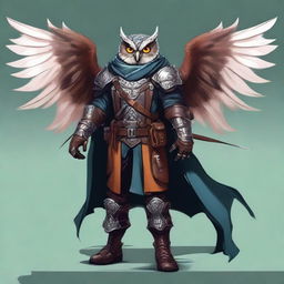 A detailed illustration of an Owlin rogue artificer with wings and sharp talons