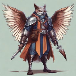 A detailed illustration of an Owlin rogue artificer with wings and sharp talons