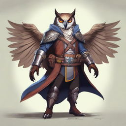 A detailed illustration of an Owlin rogue artificer with wings and sharp talons