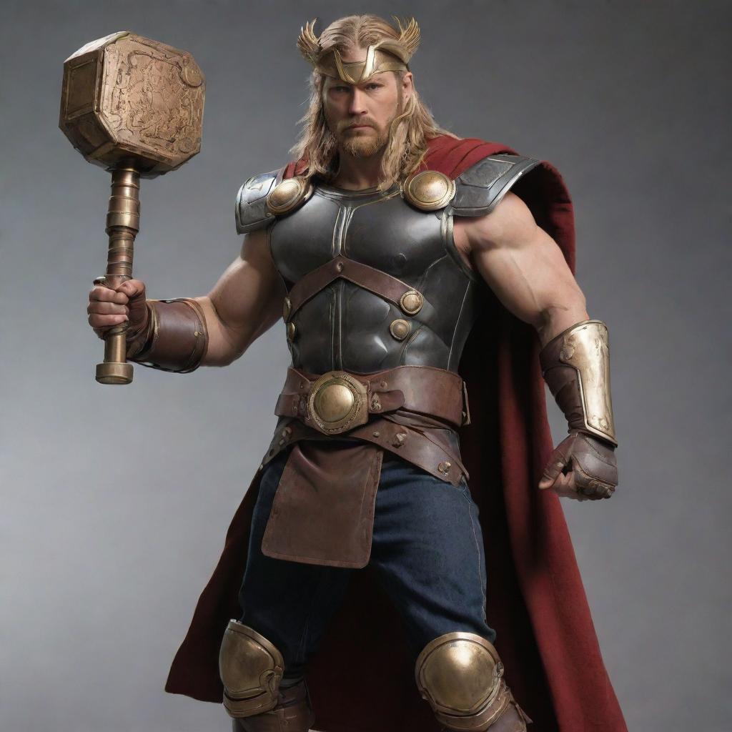 Thor re-imagined in steampunk aesthetic, with Victorian-era armor, a mechanically enhanced Mjolnir made of brass and copper with detailed gearwork, and steam-powered lightning enhancements.