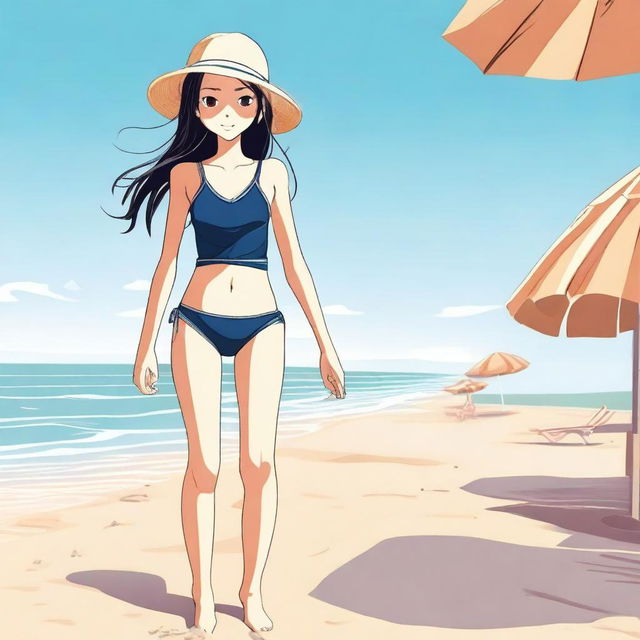 A detailed illustration of a slender school girl at the beach, wearing a swimsuit