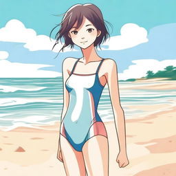 A detailed illustration of a slender school girl at the beach, wearing a swimsuit