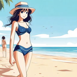 A detailed illustration of a slender school girl at the beach, wearing a swimsuit