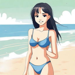 A detailed illustration of a slender school girl at the beach, wearing a swimsuit