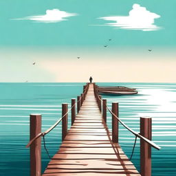 Create a book cover featuring two wooden bridges going into the ocean