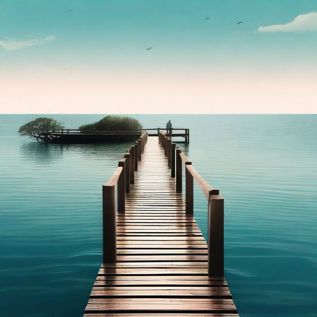 Create a book cover featuring two wooden bridges going into the ocean