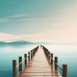 Create a book cover featuring two wooden bridges going into the ocean