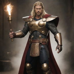 Thor re-imagined in steampunk aesthetic, with Victorian-era armor, a mechanically enhanced Mjolnir made of brass and copper with detailed gearwork, and steam-powered lightning enhancements.