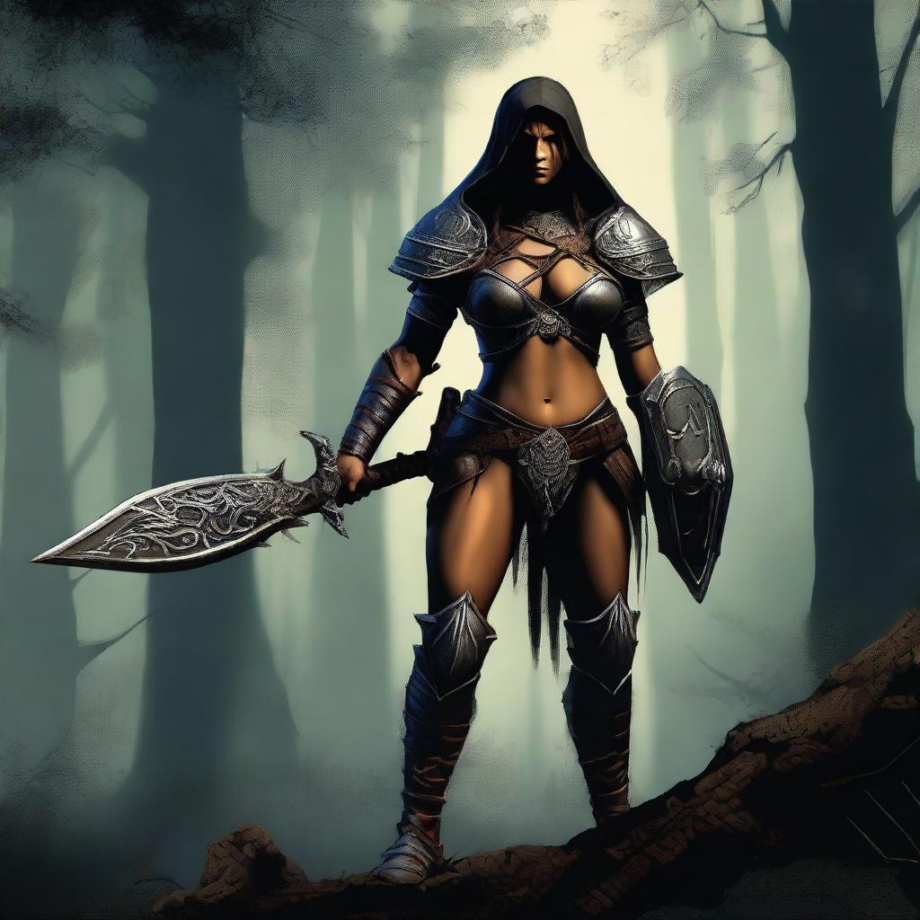 A powerful Amazon warrior from Diablo 2, standing in a dark and eerie forest