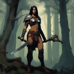 A powerful Amazon warrior from Diablo 2, standing in a dark and eerie forest