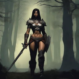 A powerful Amazon warrior from Diablo 2, standing in a dark and eerie forest