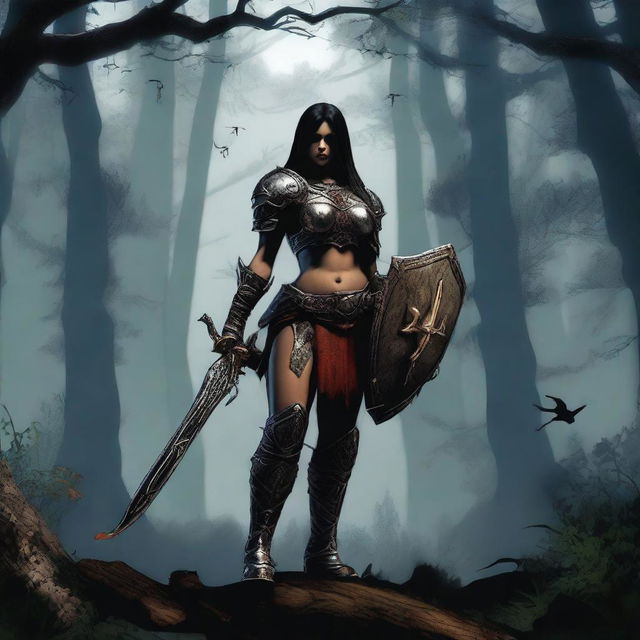 A powerful Amazon warrior from Diablo 2, standing in a dark and eerie forest