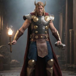 Thor re-imagined in steampunk aesthetic, with Victorian-era armor, a mechanically enhanced Mjolnir made of brass and copper with detailed gearwork, and steam-powered lightning enhancements.