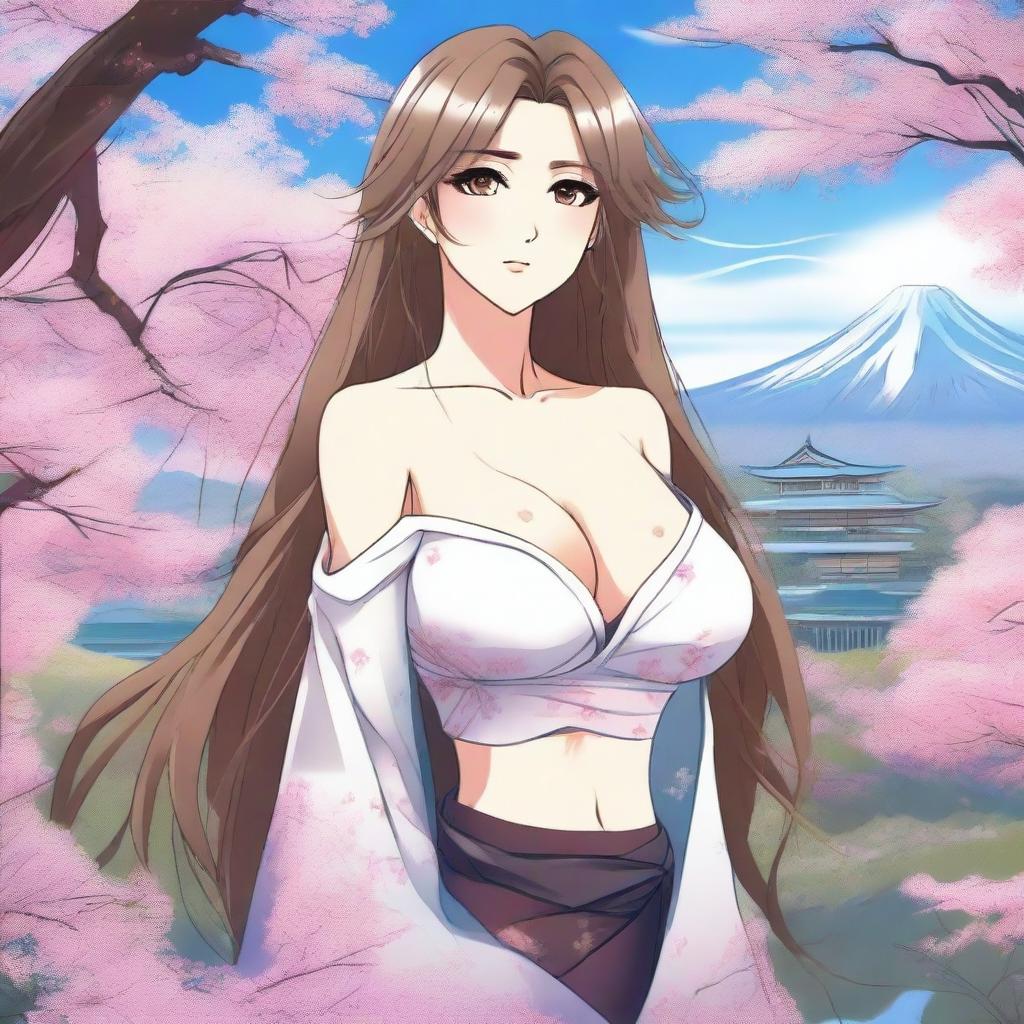 A lovely woman depicted in anime style with exaggerated breasts