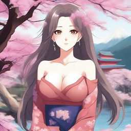 A lovely woman depicted in anime style with exaggerated breasts