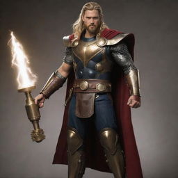 Thor re-imagined in steampunk aesthetic, with Victorian-era armor, a mechanically enhanced Mjolnir made of brass and copper with detailed gearwork, and steam-powered lightning enhancements.