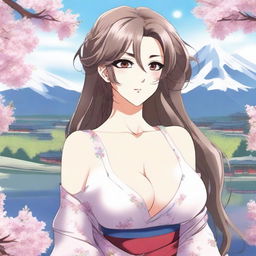 A lovely woman depicted in anime style with exaggerated breasts