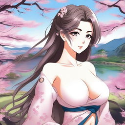 A lovely woman depicted in anime style with exaggerated breasts