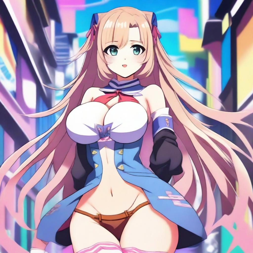 An anime waifu with exaggerated breasts, depicted in a classic anime style