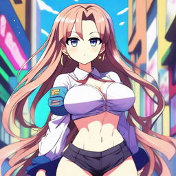 An anime waifu with exaggerated breasts, depicted in a classic anime style