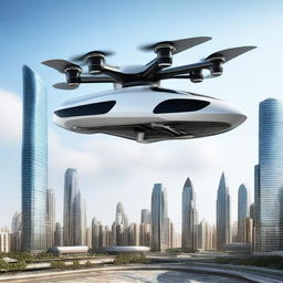 Create an image of a vertical lift-off vehicle that looks like a drone but uses four jet engines