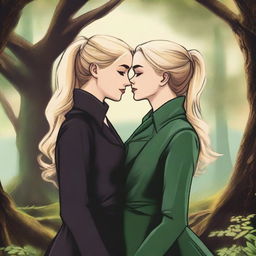 A romantic depiction of Hermione Granger and Narcissa Malfoy from the Harry Potter universe, deeply in love