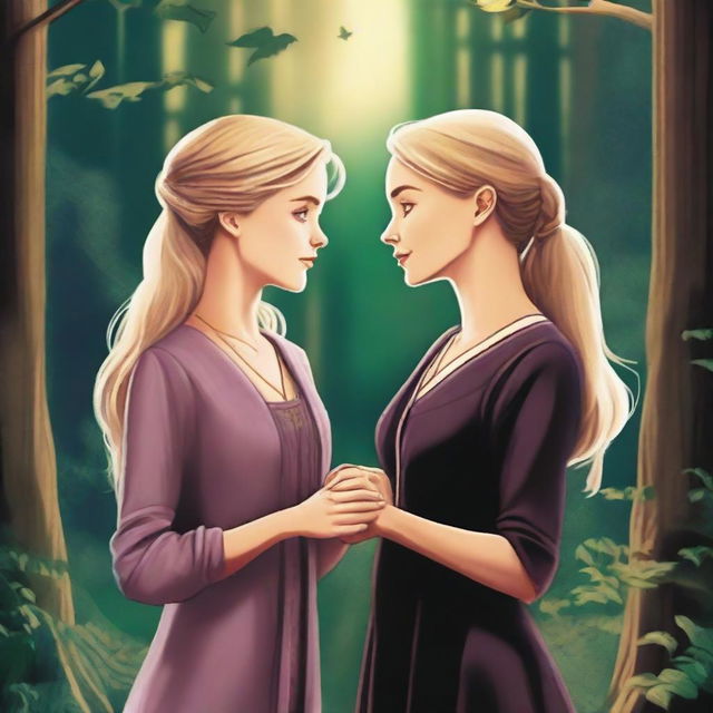 A romantic depiction of Hermione Granger and Narcissa Malfoy from the Harry Potter universe, deeply in love