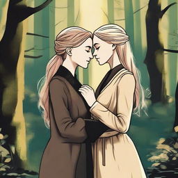 A romantic depiction of Hermione Granger and Narcissa Malfoy from the Harry Potter universe, deeply in love