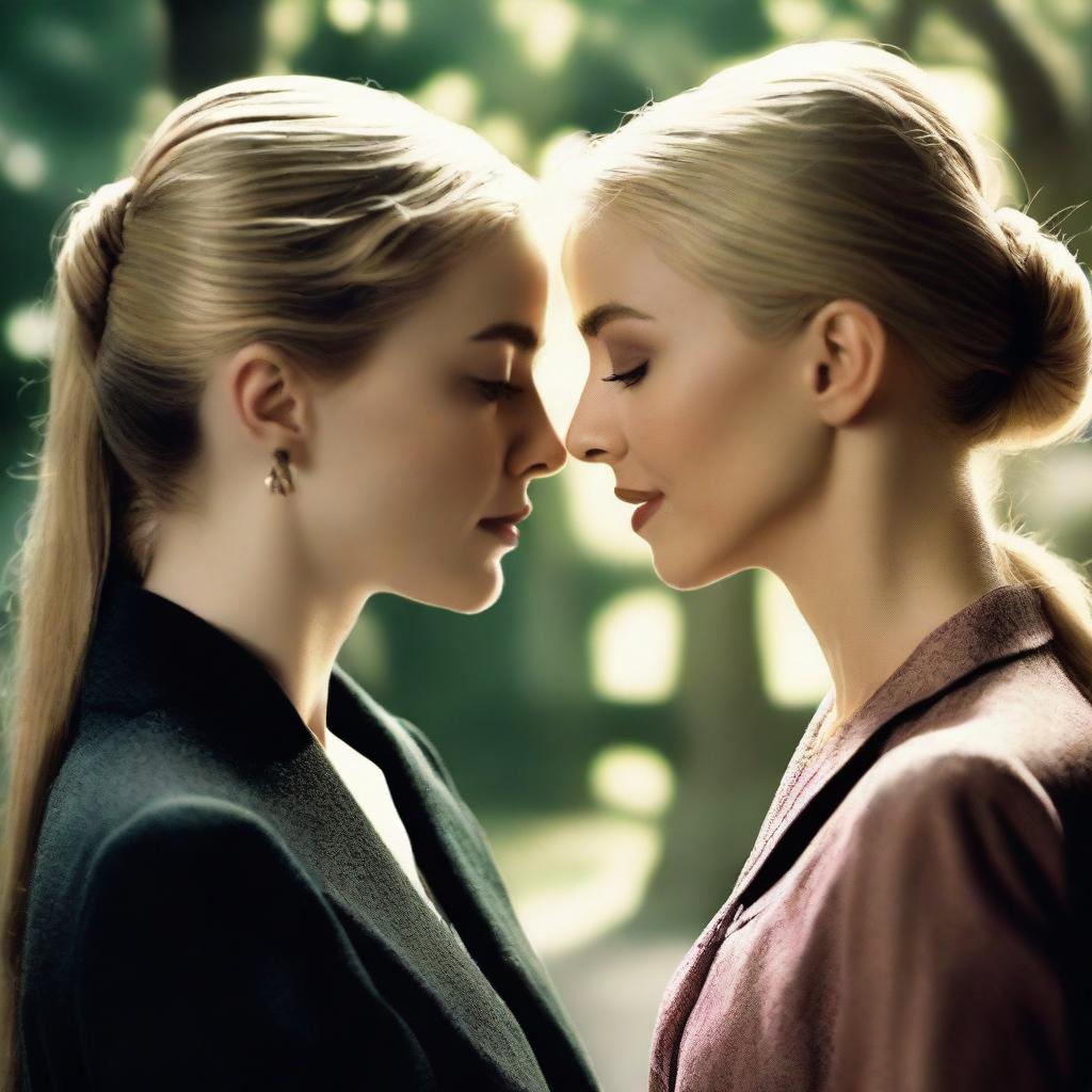 A realistic depiction of Hermione Granger and Narcissa Malfoy in love, portrayed by real-life actresses