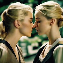 A realistic depiction of Hermione Granger and Narcissa Malfoy in love, portrayed by real-life actresses