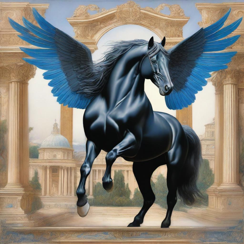 A majestic black horse with blue wings, depicted in the intricate and detailed style of Renaissance art