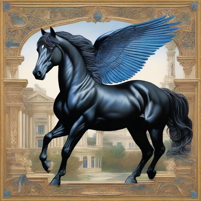 A majestic black horse with blue wings, depicted in the intricate and detailed style of Renaissance art