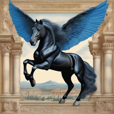 A majestic black horse with blue wings, depicted in the intricate and detailed style of Renaissance art