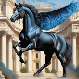 A majestic black horse with blue wings, depicted in the intricate and detailed style of Renaissance art